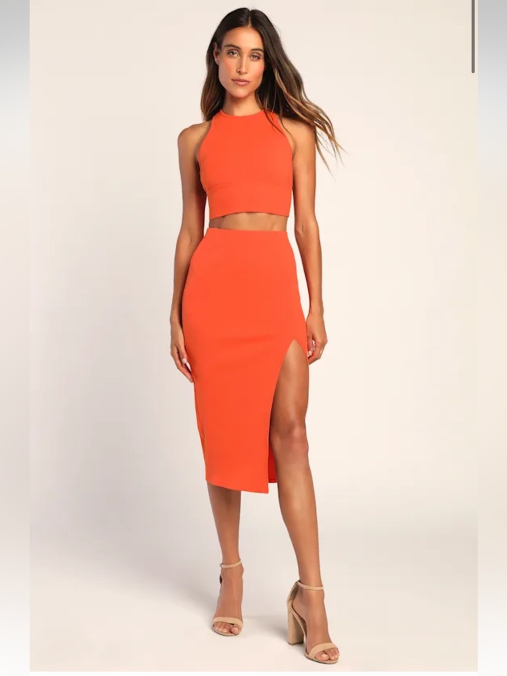 Lulus Absolute Edge Orange Ribbed 2PC Midi Skirt Set M NWT